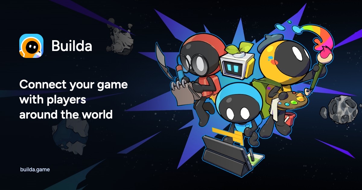 Builda's official banner. Three round-headed black mascots in red, yellow, and blue outfits hold a notepad, a paintbrush, and a tablet, next to a small robot with a plant on its head, against a dark starry sky. Text reads: Connect your game with players around the world.