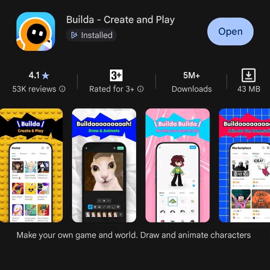 Google Play listing for Builda – Create and Play, showing a 4.1 star rating from 53 thousand reviews, a 3 plus age rating, more than 5 million downloads, a 43 megabyte size, and four screenshots of the home feed, the drawing tool, the avatar editor, and the marketplace.